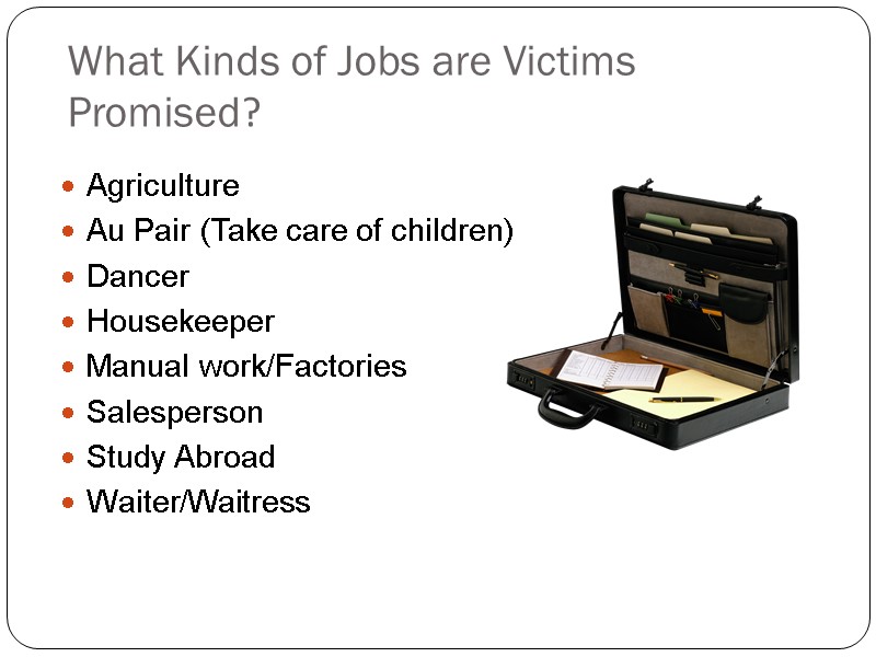 What Kinds of Jobs are Victims Promised? Agriculture Au Pair (Take care of children)